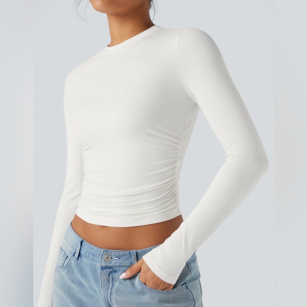 HALARA Round Neck Long Sleeve Ruched Casual Top